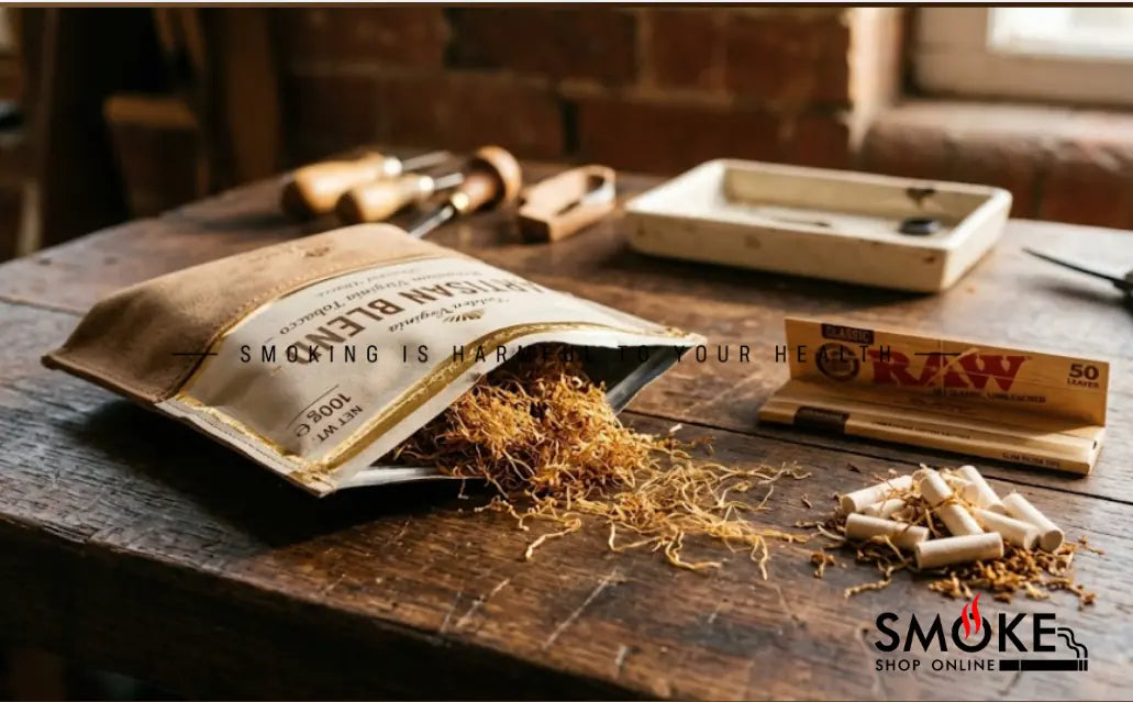 Sealed 100g rolling tobacco pouch with natural unbleached rolling papers and slim cellulose filters