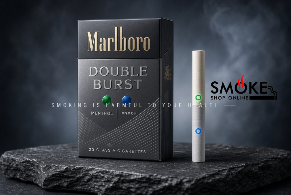 Authentic Marlboro Double Burst cigarette pack showcasing dual capsule indicators and filter design