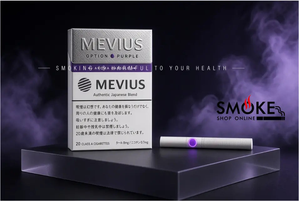 Authentic Mevius Option Purple Japan cigarette pack with single stick displaying purple aroma capsule indicator