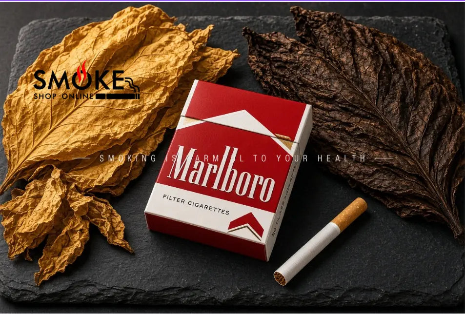 Golden Virginia and dark toasted Burley cured tobacco leaves displayed beside an authentic pack of Marlboro cigarettes