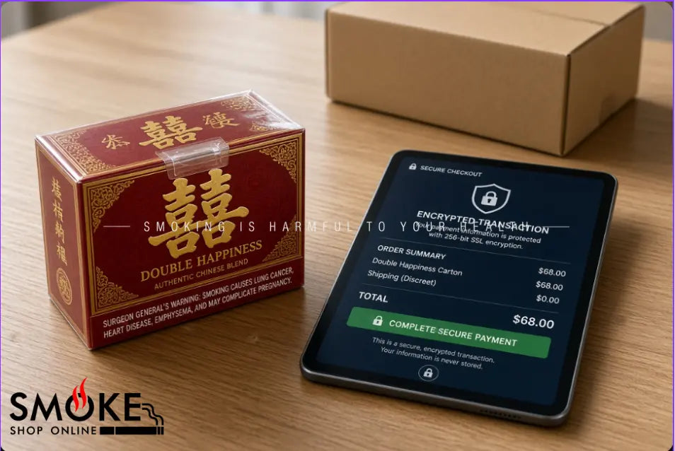 Secure checkout and authentic Double Happiness cigarette carton ready for discreet Australian delivery