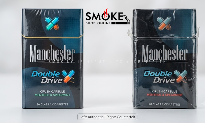 Side by side comparison of authentic and counterfeit Manchester Double Drive cigarette packs